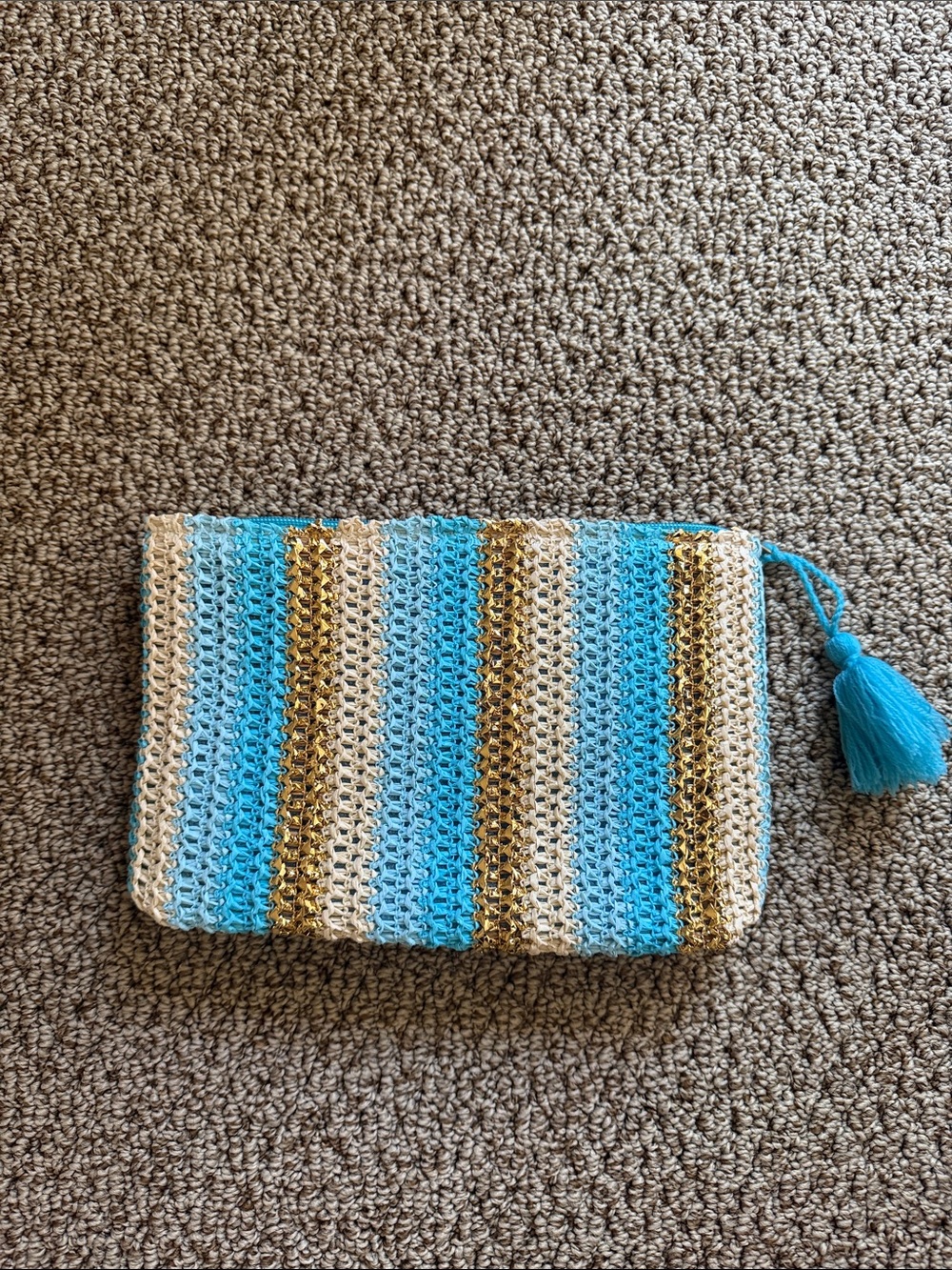 Striped Blue, Cream & Gold Crochet Wristlet Pouch